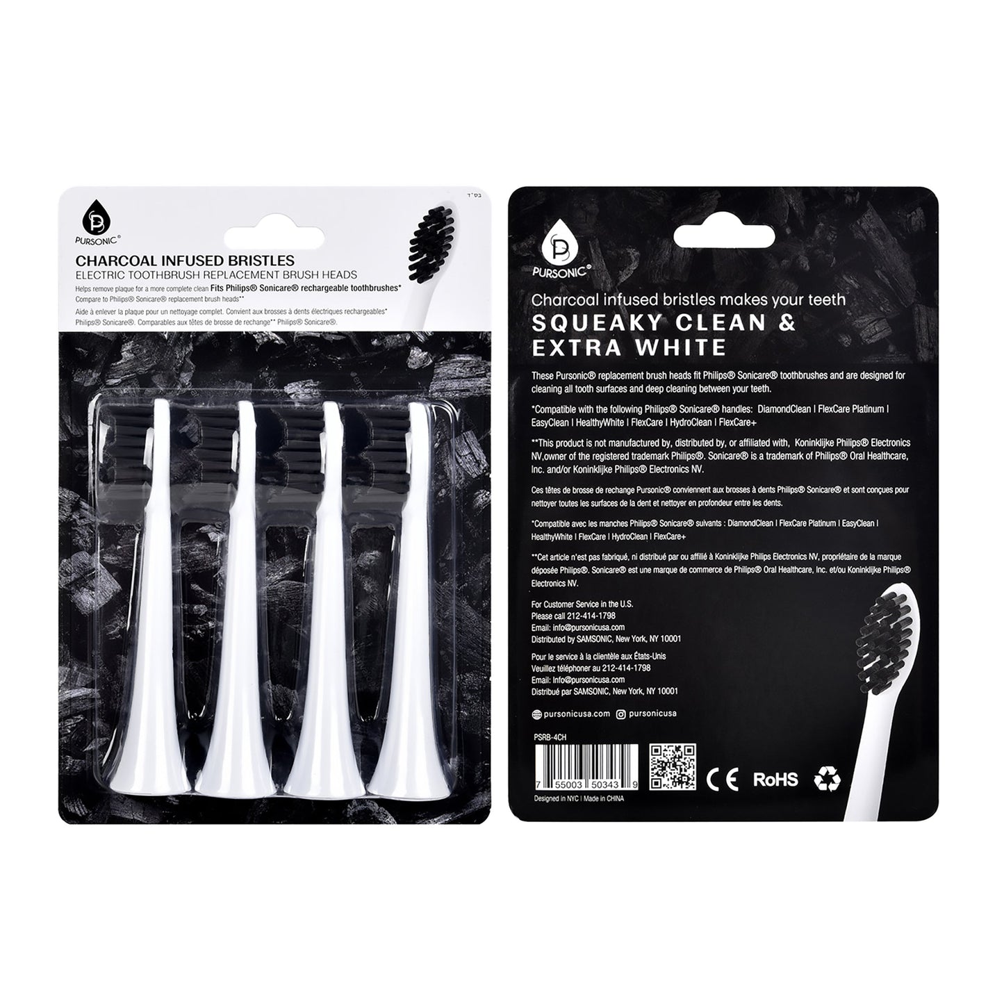 Pursonic Replacement Toothbrush Heads Charcoal Infused Bristles, Compatible with Philips Sonicare Electric Toothbrush Handles - Pack-0