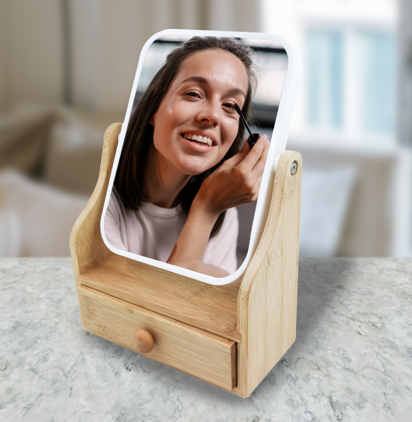 Dual-Sided Vanity Mirror with Bamboo Drawer Base-1