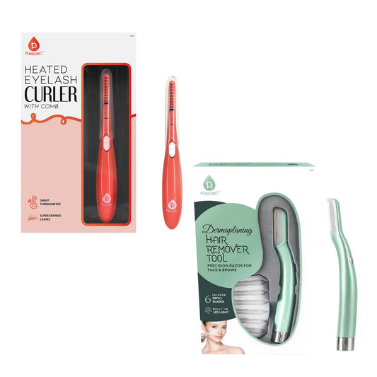 Pursonic Beauty Duo Bundle – Heated Eyelash Curler with Comb + Precision Dermaplaning Hair Remover Tool for Flawless Lashes and Smooth Skin-0