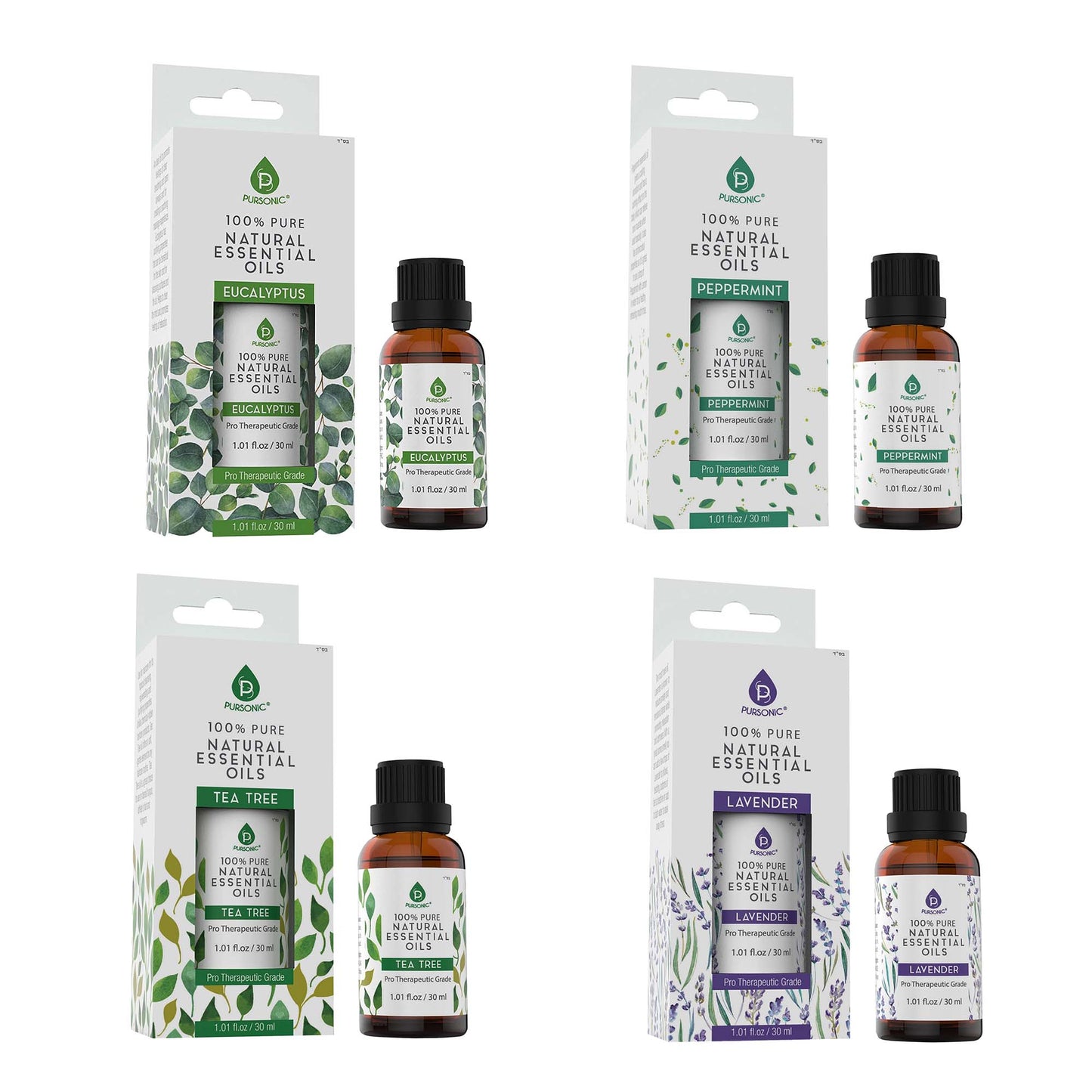 Pursonic 4-Pack Pure & Natural Essential Oils Collection – Eucalyptus, Lavender, Tea Tree, and Peppermint-0