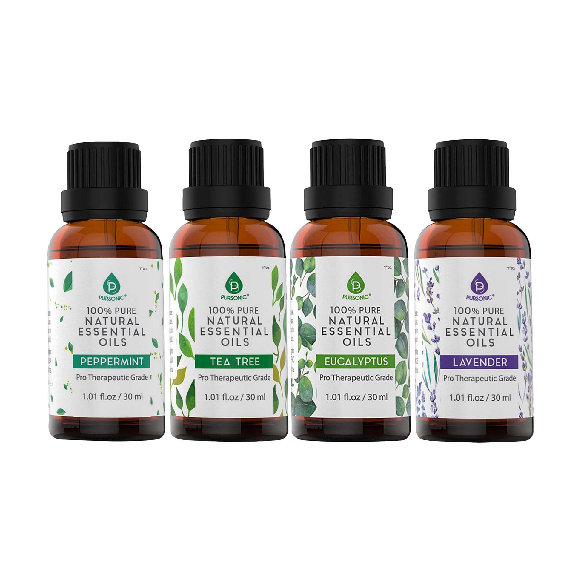 Pursonic 4-Pack Pure & Natural Essential Oils Collection – Eucalyptus, Lavender, Tea Tree, and Peppermint-3