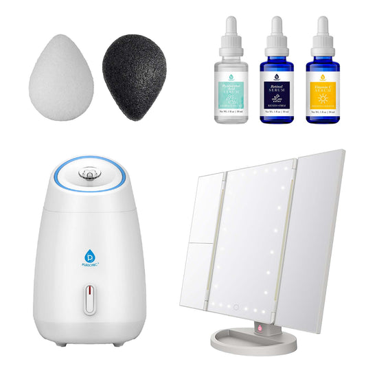 Ultimate Radiance Skincare & Beauty Bundle: Tri-Fold Vanity Mirror, Pursonic Facial Steamer, Anti-Aging Serum Set & Konjac Sponge Duo-0