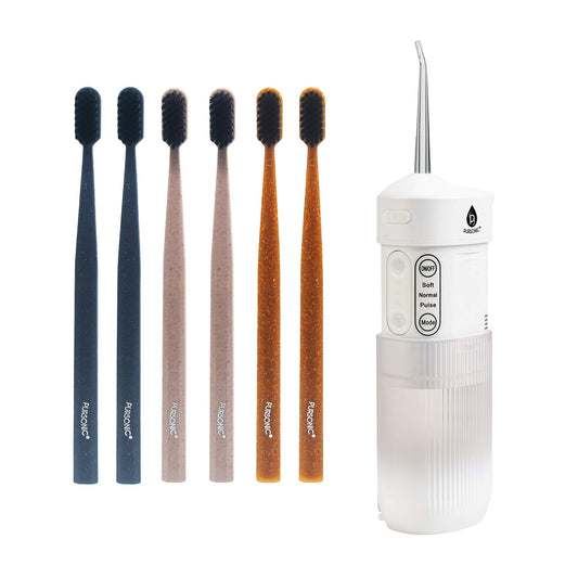 Pursonic Ultimate Oral Care Bundle: USB Rechargeable Collapsible Water Flosser & Wide Brush Head Charcoal Toothbrush-0