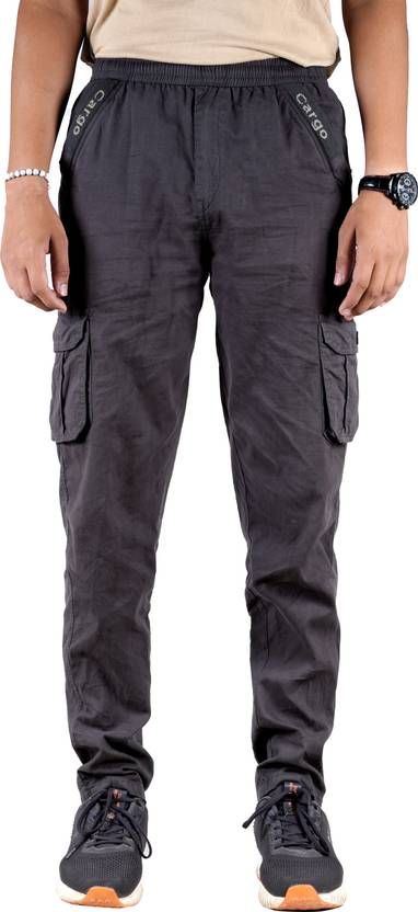 LV Men's Solid Dark Grey/Black Cotton Cargo Jogger Pants with Elastic